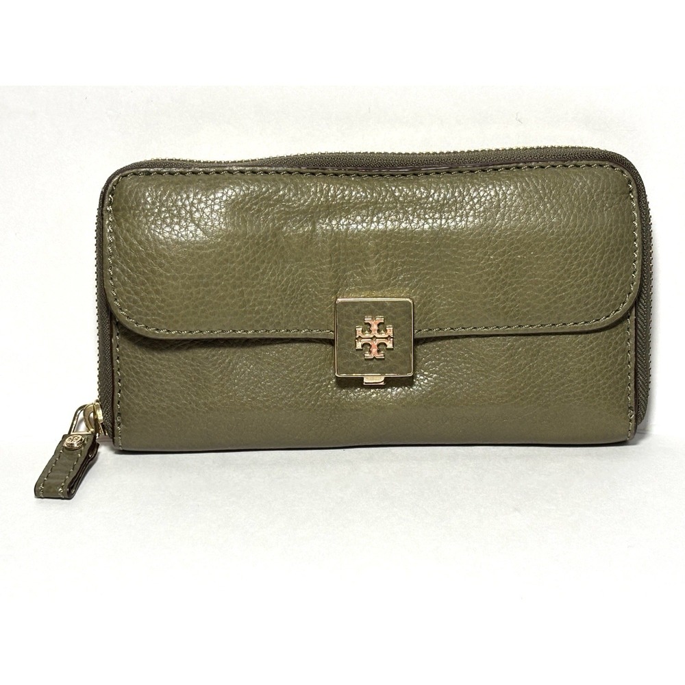 Tory Burch Olive Green Pebbled Leather Zip Around Wallet Continental Clutch